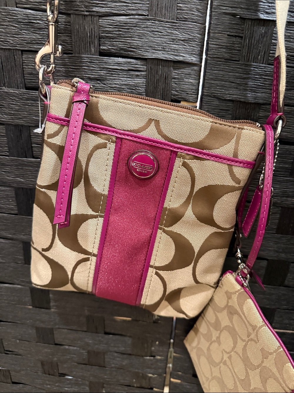 BNWOT Coach Beige and Pink Signature Canvas Crossbody with Pouch
